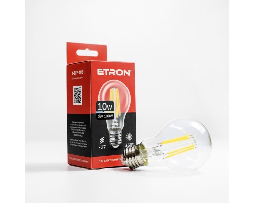 Лампа світлодіодна Led ETRON 10W 4200K Filament A60 E27 прозоре скло 1-EFP-108