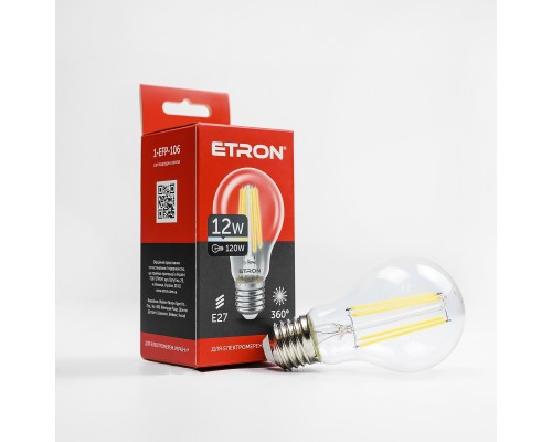 Лампа світлодіодна Led ETRON 12W 4200K Filament A60 E27 прозоре скло 1-EFP-106