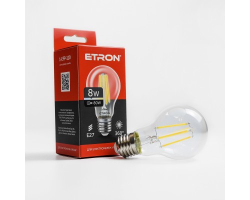 Лампа світлодіодна Led ETRON 8W 4200K Filament A60 E27 прозоре скло 1-EFP-110