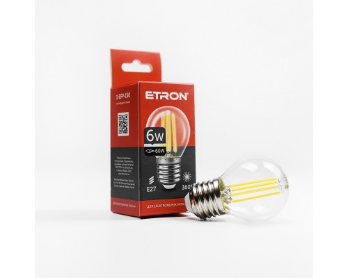 Лампа світлодіодна Led ETRON 6W 4200K Filament G45 E27 прозоре скло 1-EFP-150