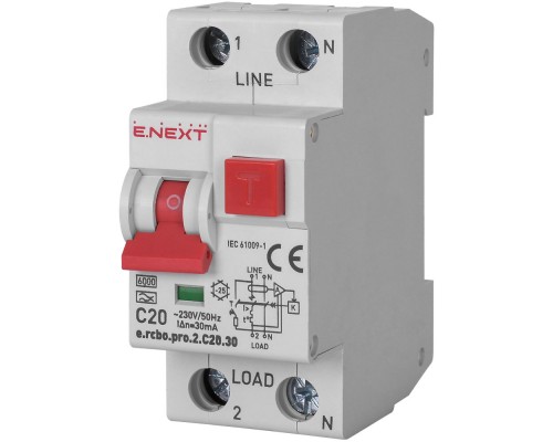 Вимикач диф.струму з захистом від надструмів E.NEXT 2р 20А 1Р+N 30мА p0720027