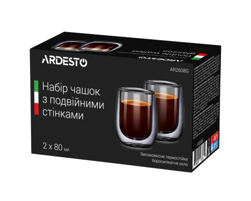 Набір чашок "Ardesto" з подв.ст. для еспресо 80мл H 7,3см 2 од. б/с скло AR2608G Набір чашок "Ardesto" з подв.ст. для еспресо 80мл H 7,3см 2 од. б/с скло AR2608G