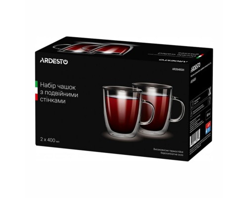 Набір чашок з ручками "Ardesto" з подв.ст. 400мл H 11,2см 2 од. б/с скло AR2640GH Набір чашок з ручками "Ardesto" з подв.ст. 400мл H 11,2см 2 од. б/с скло AR2640GH
