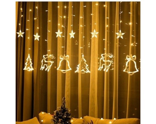 Гірлянда штора Зірки ялинки олені дзвіночки (12 фігурок) 120 Led 3*1 м золото з перехідником XR-9 G Гірлянда штора Зірки ялинки олені дзвіночки (12 фігурок) 120 Led 3*1 м золото з перехідником XR-9 G