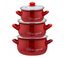 Набір каструль 3 предмета з скляною кришкою "Bon appetit" ЧЕРВОНИЙ 2234