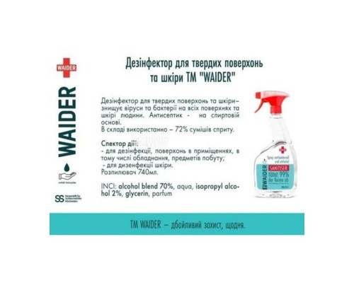 Дезінфектор для твердих поверхонь та шкіри Waider 740 мл. з розпилювачем