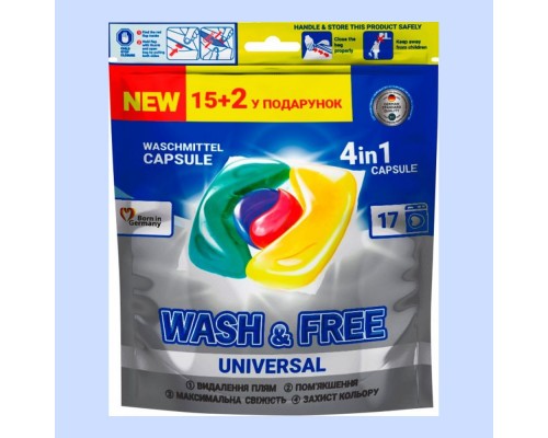 Засіб для прання концентрований у розчинних капсулах 504 Wash Free 15+2шт Хімія шт.