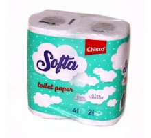 Туалетний папір целюлоза Softa Chisto на гільзі, по 4рул. 2-х біло-блакитна