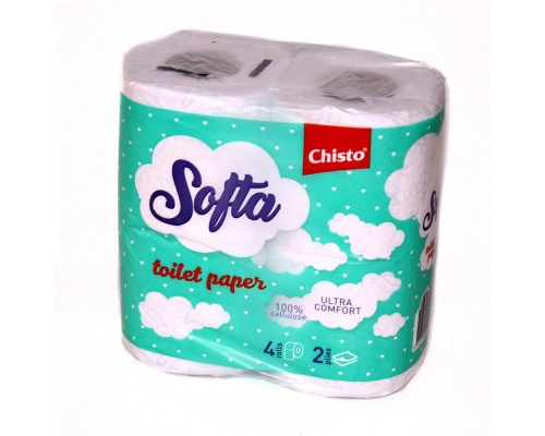 Туалетний папір целюлоза Softa Chisto на гільзі, по 4рул. 2-х біло-блакитна Туалетний папір целюлоза Softa Chisto на гільзі, по 4рул. 2-х біло-блакитна