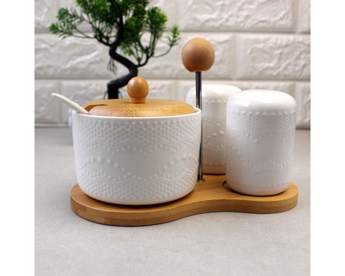 Набір 3 предмета на деревяній стійці (цукорниця+сільничка+перчичниця) 02561