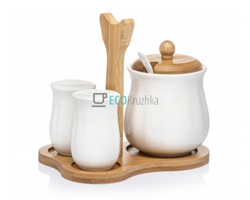 Набір 3 предмета на деревяній стійці (цукорниця+сільничка+перчичниця) 01643