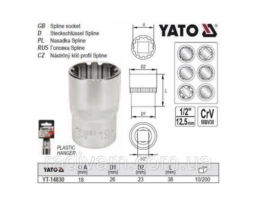 Головка торцева Spline.YATO з квадр 1/2 М=18мм L=38мм YT-14830