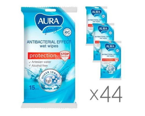 Вологі серветки AURA 15шт антибактеріальні