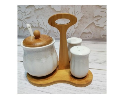 Набір 3 предмета на деревяній стійці (цукорниця+сільничка+перчичниця) 01469