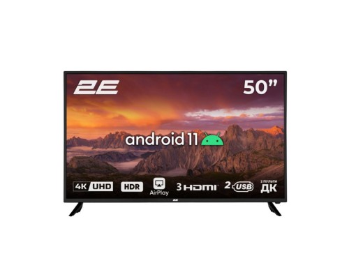 Телевізор 2E 50A06K 50" чорний  Smart-TV 3840x2160 Wi-Fi Android11 1,5/8Gb S2/T2 Direct LED 200*200мм 50Гц 110Вт