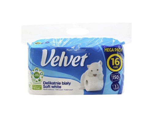 Папір туалетний Velvet Soft White 3 шари 16 рулонів Папір туалетний Velvet Soft White 3 шари 16 рулонів