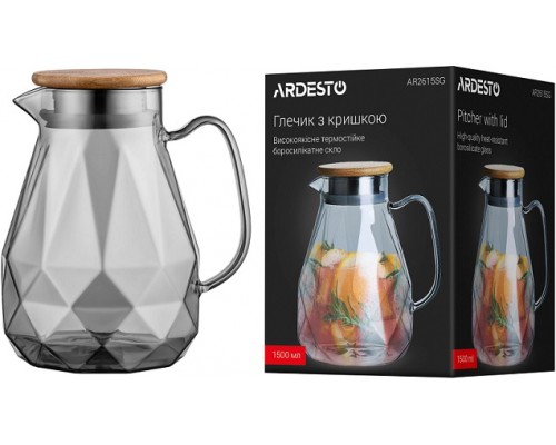 Глечик Ardesto Graphite з кришкою 1500мл б/с скло нержавіюча сталь бамбук AR2615SG