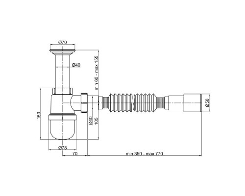 Сифон для умивальника Lidz (WHI) випуск 70мм (50мм) 36663